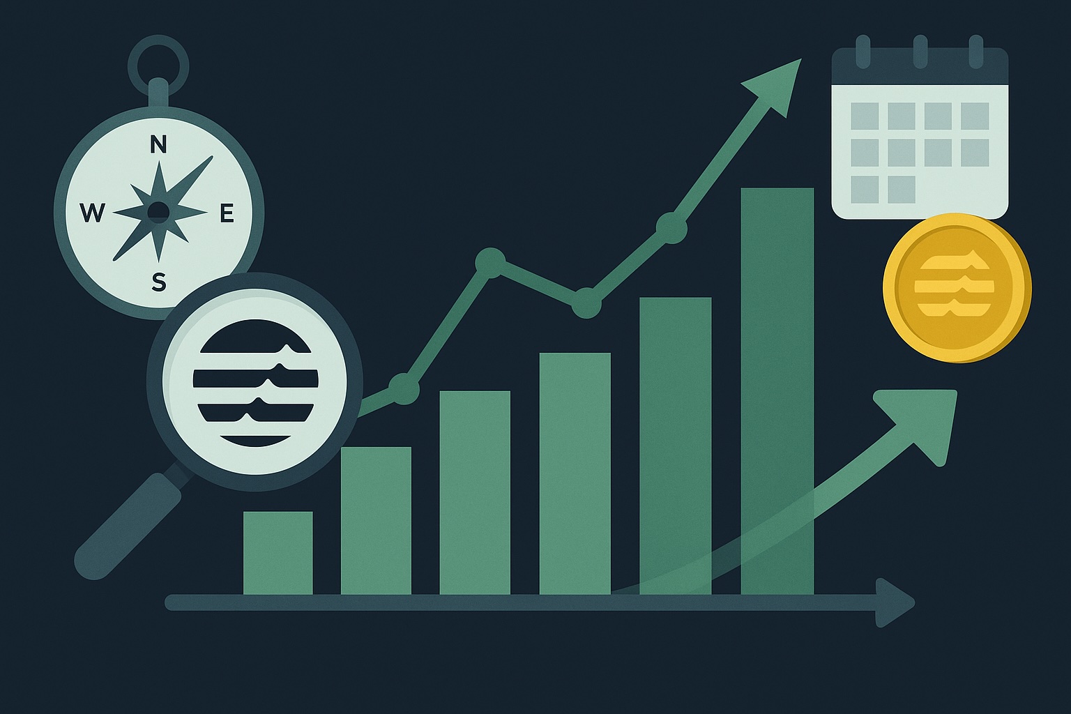Line graph with three upward-trending lines, overlaid with stacks of coins and small calendar icons, illustrating financial growth and planning.